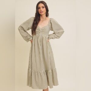 OLIVE STRIPE FRONT RUCHED BALLOON SLEEVED MIDI DRES Size L